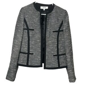 Jones Studio Women's Blazer Gray Black Trim Textured Open Front Career Sz 4